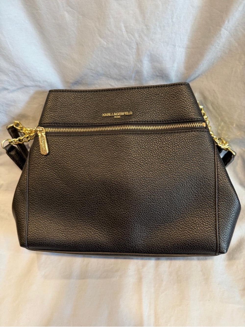 Karl Lagerfeld Black Pebbled Leather Shoulder Bag with Gold Hardware